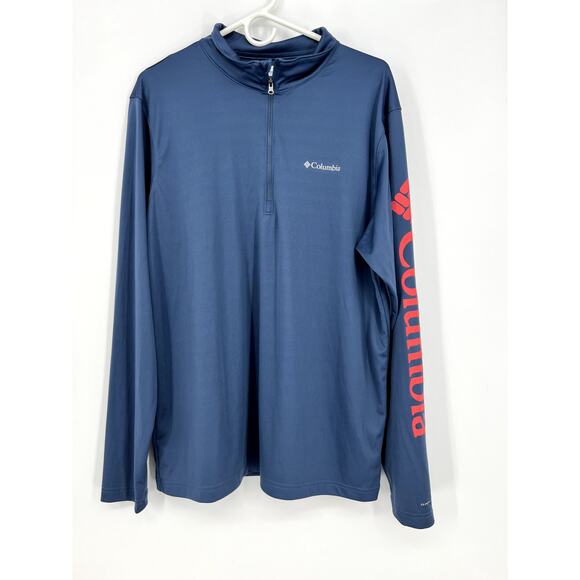 Columbia Omni-Shade Long Sleeve T Shirt Men Large Blue 1/4 Zip Red Logo - Picture 1 of 6